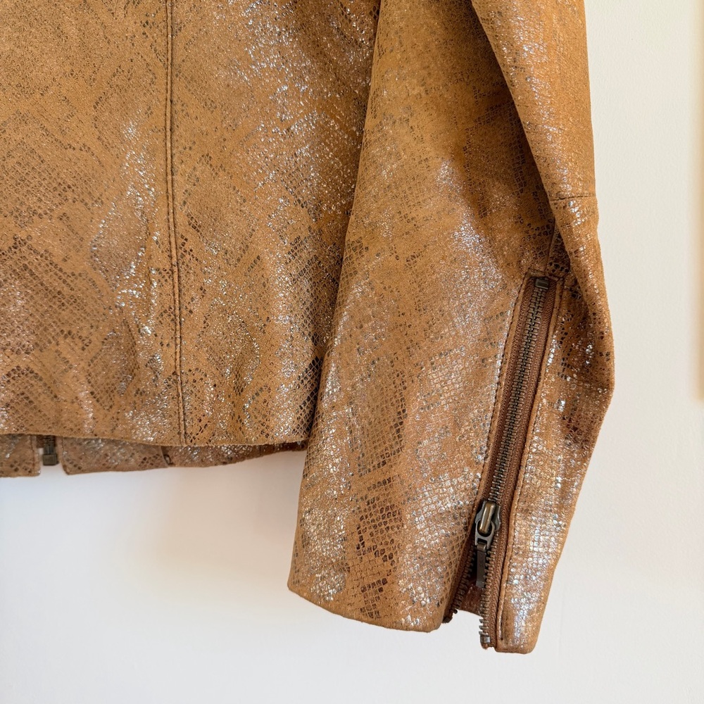 Vakko VS2 Metallic Gold Leather Moto Jacket Brown Printed Size 8 - Picture 9 of 9